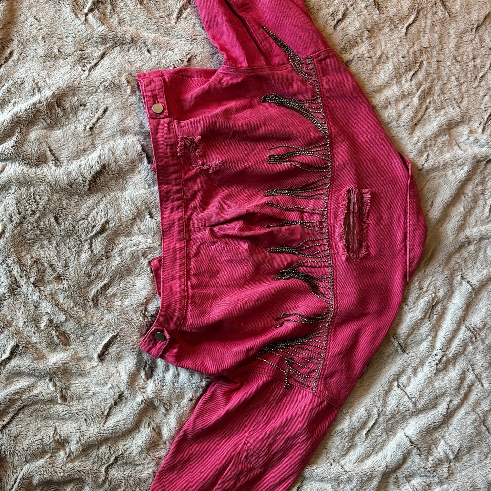 Pink rhinestone fringe jean jacket